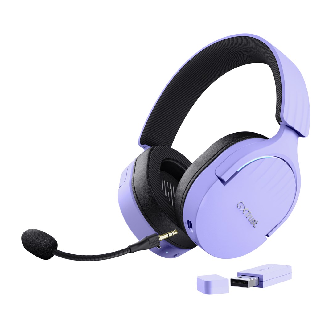 trust gxt 491p fayzo headset wired wireless head band gaming usb type a bluetooth black purple